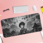 Desk pad featuring a ninja anime boy with a background of traditional Asian architecture and floating lanterns in grayscale. Desk Pad with Keyboard and Mouse