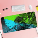 Desk pad featuring a vibrant nature scene with a blue river flowing through lush, green vegetation. Desk Pad with Keyboard and Mouse