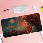 Anime woman with flowing red hair against a dreamlike background with a night sky, bright moon or sun, and distant city silhouettes. Desk Pad with Keyboard and Mouse