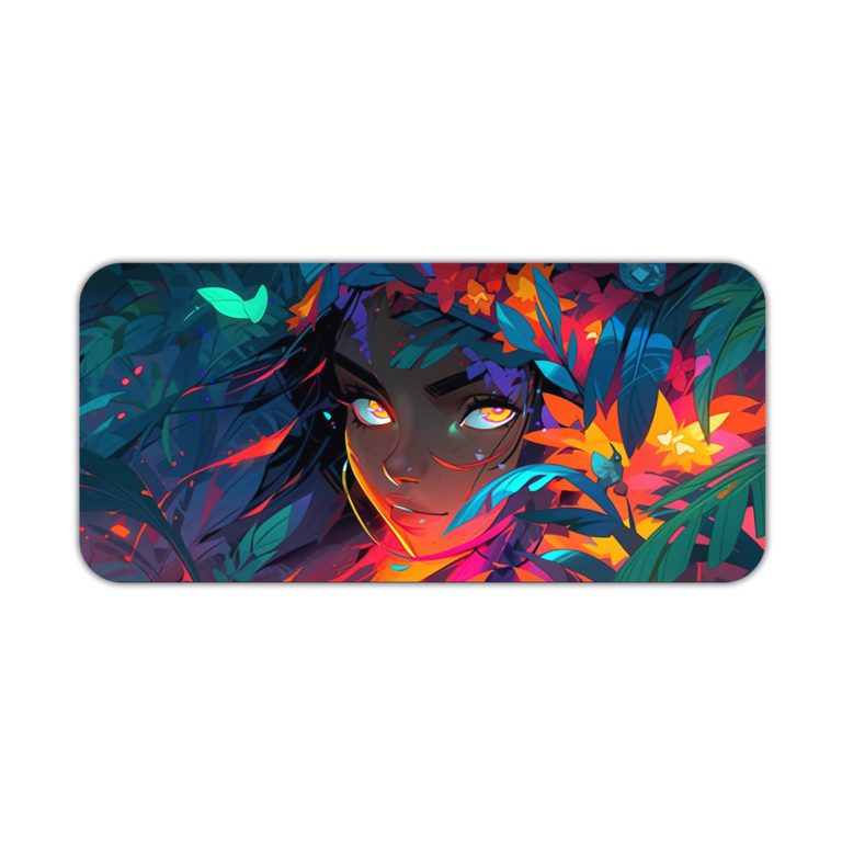 Desk pad with an abstract illustration of a woman in the jungle, featuring glowing white eyes and colorful foliage in blues, purples, and greens. Desk Pad kept on a plain white background