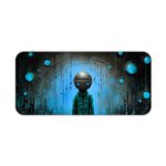 Infidu Artistic Desk Pad with a robot in a spacesuit in a dark, futuristic space environment with blue and black tones and glowing light patterns. Desk Pad kept on a plain white background