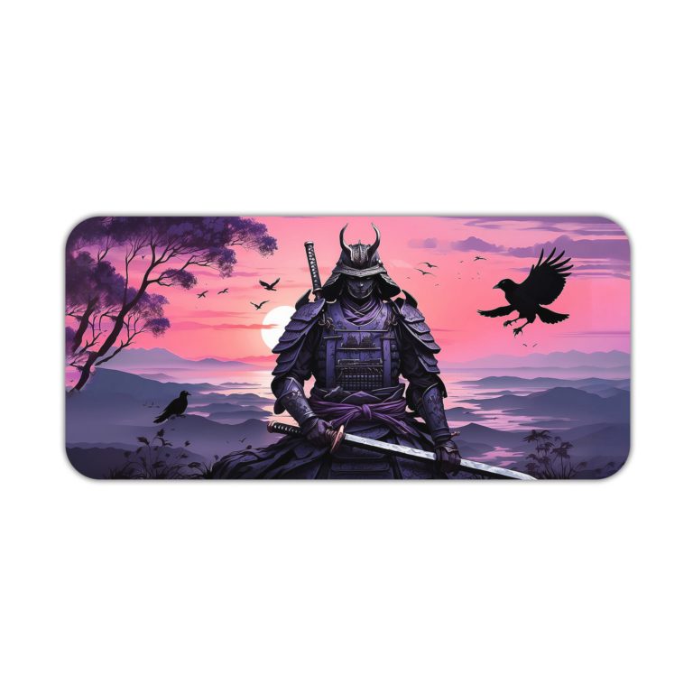 Infidu Artistic Desk Pad with an anime samurai in meditation against a purple and pink sunset sky, with silhouettes of trees, mountains, and a soaring bird. Desk Pad kept on a plain white background