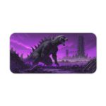 Godzilla rises over a city at night with a popple-colored background on an animated desk pad. Desk Pad kept on a plain white background