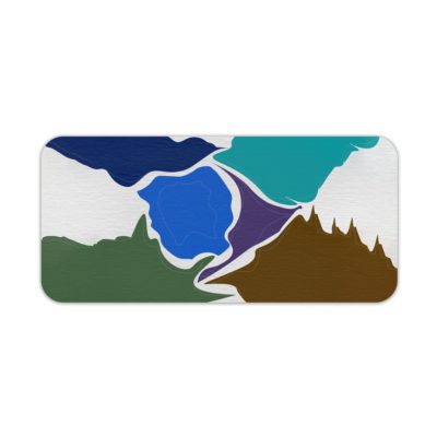 Infidu Artistic Desk Mat with an abstract landscape design in blue, white, green, and brown. Desk Pad kept on a plain white background