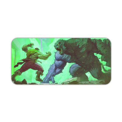 Desk pad featuring a comic-style superhero fighting a large monster, with an energetic green and blue background. Desk Pad kept on a plain white background