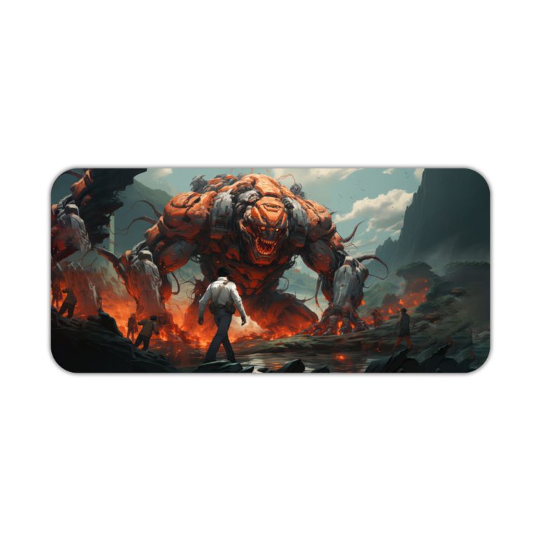 Desk pad showing a large robot emerging from an explosion in a dramatic, action-packed scene. Desk Pad kept on a plain white background