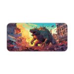 Desk mat with Godzilla rising over a city in the morning, featuring a yellow and blue background. Desk Pad kept on a plain white background