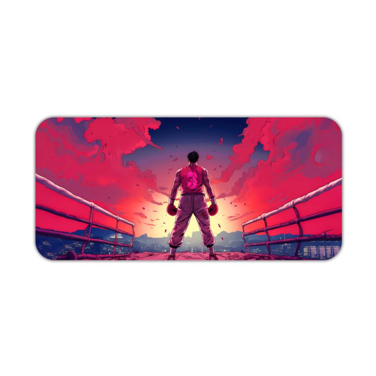 Desk pad with a fighter silhouette in pink and purple against a vibrant pink-to-blue sky. Includes dramatic arena-like background. Desk Pad kept on a plain white background