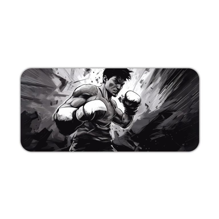 Desk pad with a grayscale illustration of a person in a fight, set against a gray and black background. Desk Pad kept on a plain white background