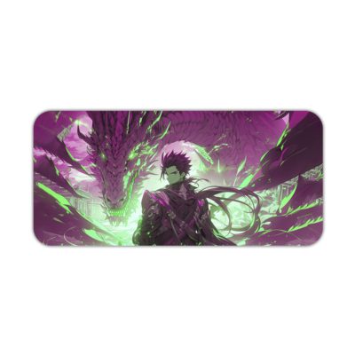 Desk pad featuring a dramatic purple and white anime scene with swirling energy effects and a central figure in an action pose. Desk Pad kept on a plain white background