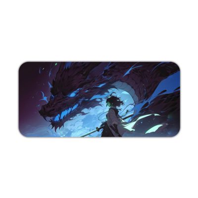 Desk pad featuring a fantasy scene with a dragon, deep blue and purple tones, and a mystical atmosphere with star-like lights. Desk Pad kept on a plain white background