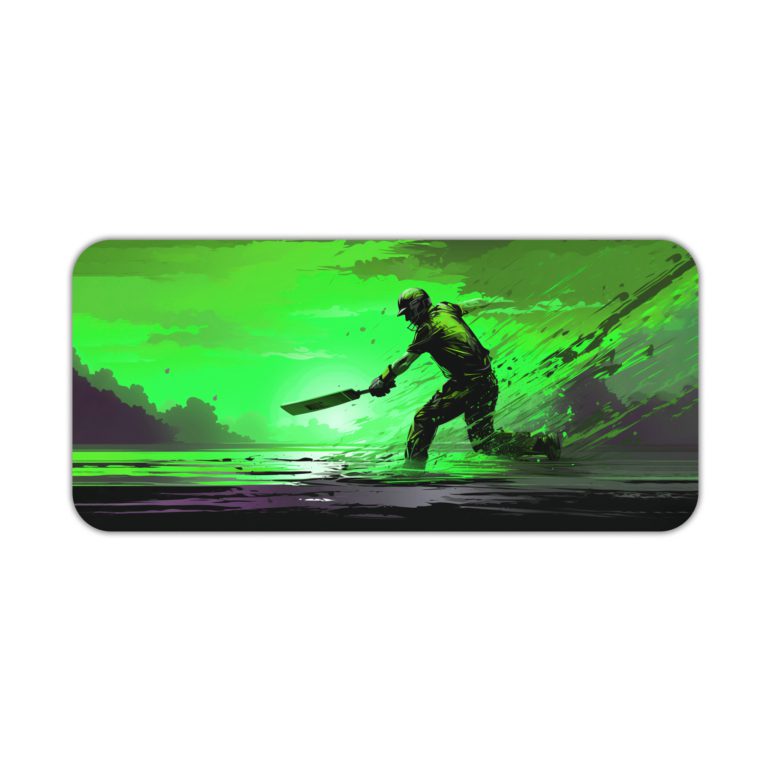 Desk pad featuring an anime character in a powerful pose with a sword, set against a vivid green background. Desk Pad kept on a plain white background