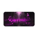 Desk pad featuring a mystical scene with a figure in a dark forest, surrounded by glowing purple mushrooms and lights. Desk Pad kept on a plain white background