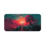 Desk pad featuring a fantastical landscape with a vibrant sky, silhouetted tree, and staircase leading into the distance. Desk Pad kept on a plain white background