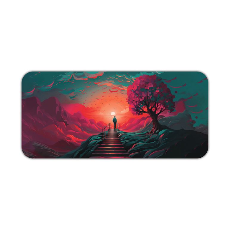 Desk pad featuring a fantastical landscape with a vibrant sky, silhouetted tree, and staircase leading into the distance. Desk Pad kept on a plain white background