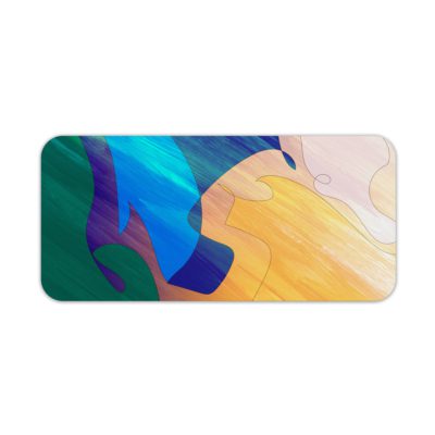 Infidu Artistic Desk Mat with flowing abstract shapes in blue, green, yellow, and orange. Desk Pad kept on a plain white background