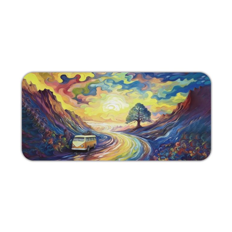 Desk pad featuring a colorful landscape with a winding road, distant tree, and vibrant sky. Desk Pad kept on a plain white background