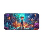 Animated desk pad featuring a boy in a Minecraft-like world, surrounded by small animals and glowing elements in bright blues and teals. Desk Pad kept on a plain white background