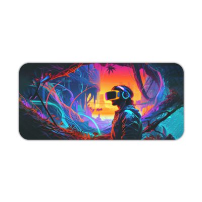 The futuristic scene with a figure in a VR headset, surrounded by a surreal landscape in cool blues and warm oranges. Desk Pad kept on a plain white background