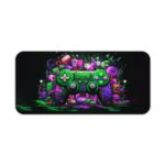 Gaming Desk Pad featuring a colorful controller in blue, orange, and yellow, with a vibrant background of black, green, violet, and red paint splashes Desk Pad kept on a plain white background