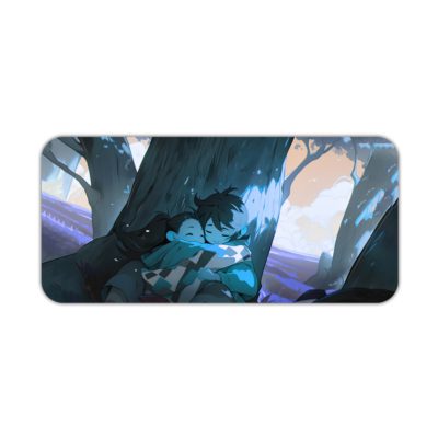 Two anime characters embrace under a glowing tree in a mystical, blue-toned landscape. Desk Pad kept on a plain white background