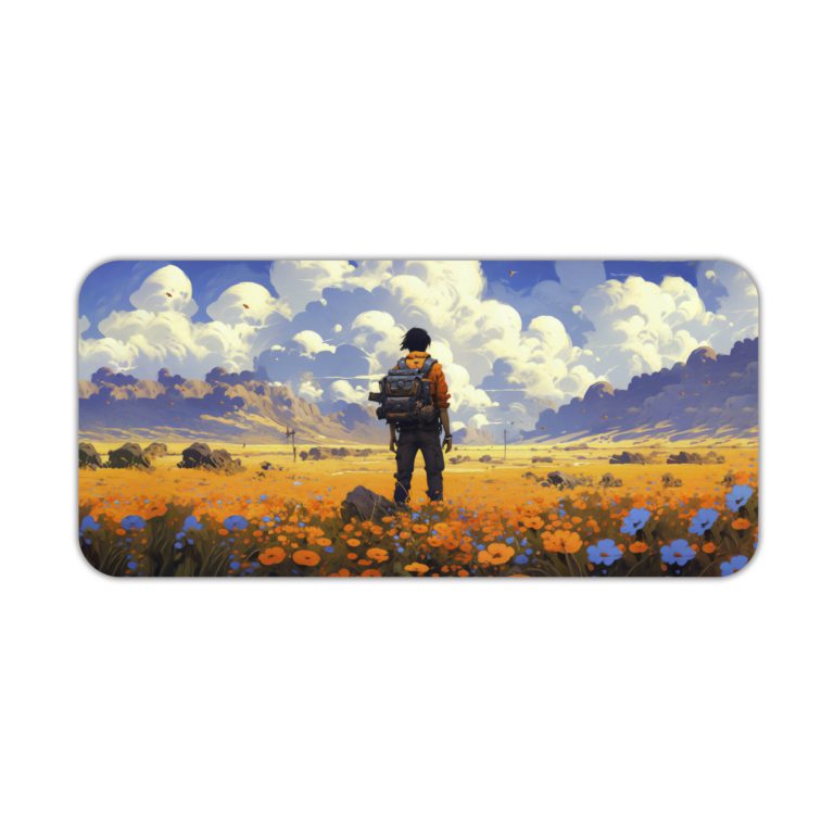 Anime boy standing in a field of yellow flowers under a blue sky with white clouds. Desk Pad kept on a plain white background