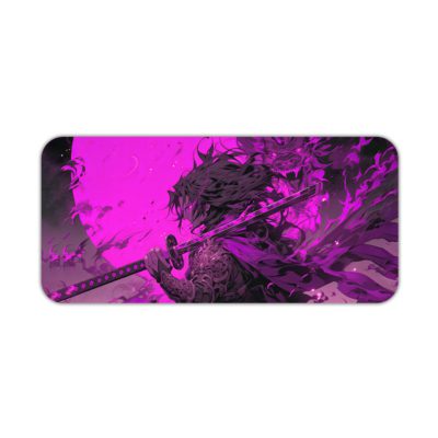 Anime samurai concept art with a dragon-like figure in a vibrant purple background. Desk Pad kept on a plain white background