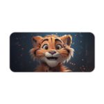 Desk pad with a cheerful animated tiger cub with orange fur, black stripes, and a white muzzle on a dark background with glowing orange particles. Desk Pad kept on a plain white background