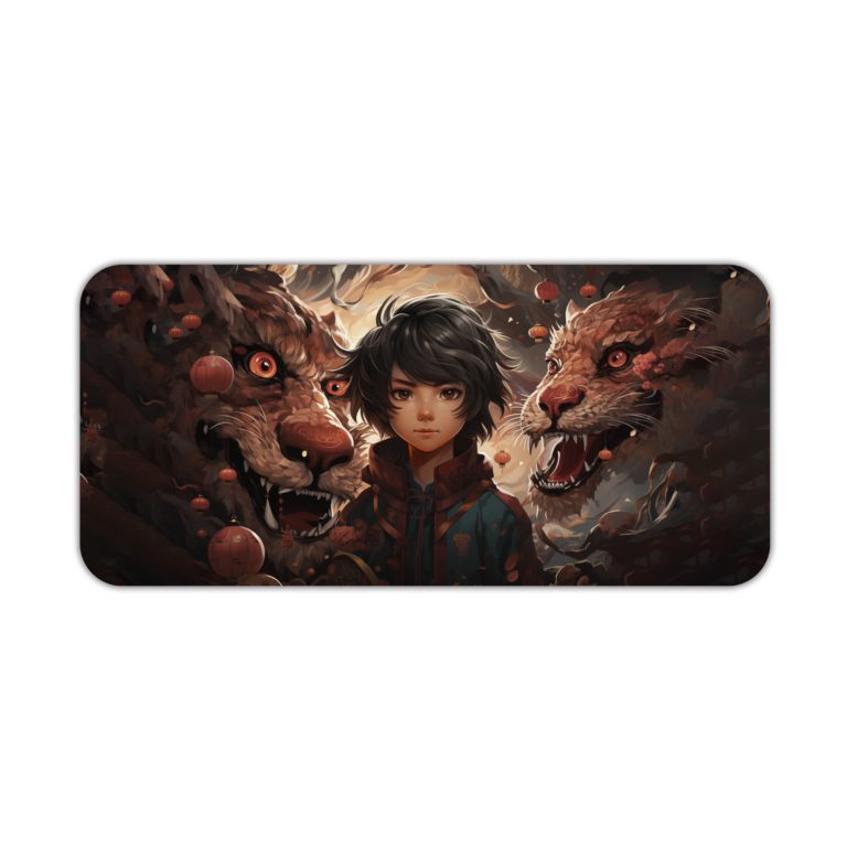 Anime boy with short dark hair centered between two fierce animal heads, in a dark, mythical illustration. Desk Pad kept on a plain white background