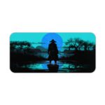 Anime samurai standing in shallow water with a misty landscape and trees, tinted in teal and blue tones. Desk Pad kept on a plain white background