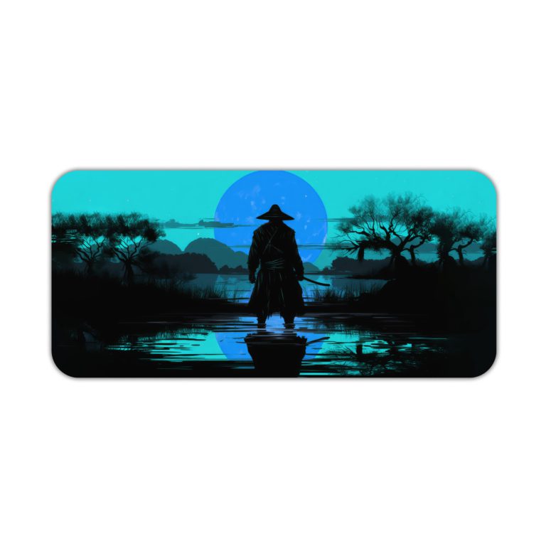 Anime samurai standing in shallow water with a misty landscape and trees, tinted in teal and blue tones. Desk Pad kept on a plain white background