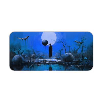 Anime-inspired Infidu Artistic Desk Pad with a blue, foggy scene, barren trees, stones, a full moon, and a mysterious figure on a reflective surface. Desk Pad kept on a plain white background