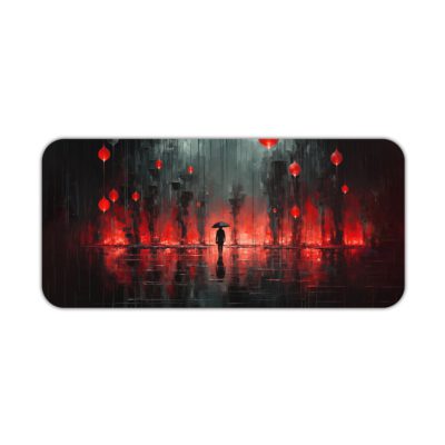 Abstract art Infidu Artistic Desk Pad with dark tones, red lanterns, and a mysterious figure holding an umbrella in a rainy forest. Desk Pad kept on a plain white background