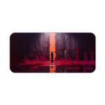 The silhouetted figure standing before a glowing orange portal, surrounded by deep purples and reds on the Infidu Artistic Desk Pad. Desk Pad kept on a plain white background