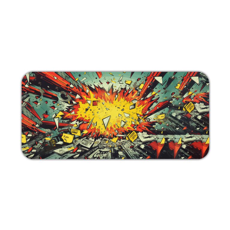 Infidu Color Wave Boom Animated Desk Mat featuring vibrant multi-colored art on gray with yellow accents. Desk Pad kept on a plain white background