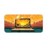 Infidu Tech Fusion with Laptop Desk Pad featuring a laptop against a dramatic background of orange and yellow clouds. Desk Pad kept on a plain white background