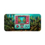 Artistic Gaming Desk Pad featuring an old-style handheld game console in light blue with pink buttons, displaying a scene of palm trees, blue sky, and huts that blend into the background Desk Pad kept on a plain white background