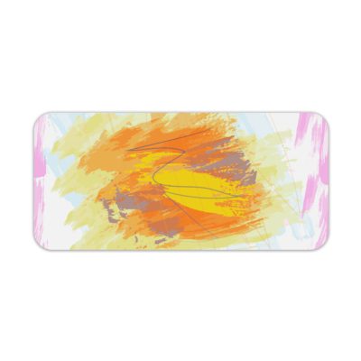 Infidu Artistic Desk Pad with colorful splashes of orange, pink, and purple on a white background. Desk Pad kept on a plain white background