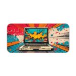 Infidu Tech Fusion Desk Pad with Comic Book-Style Design Featuring a Laptop and Bold Red, Orange, and Yellow Clouds Desk Pad kept on a plain white background