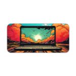 Infidu Tech Fusion Desk Pad with Comic Book-Style Design Featuring a Laptop and Bold Sunset Colors Desk Pad kept on a plain white background