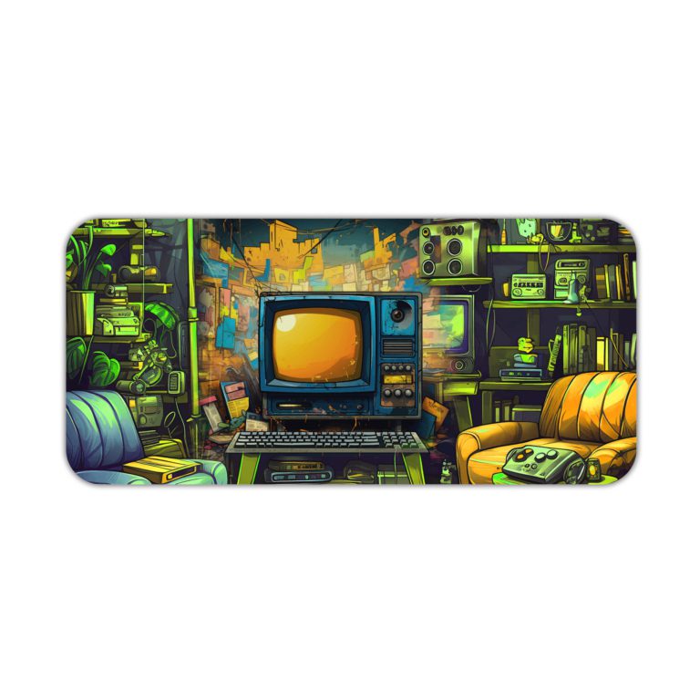 Infidu Tech Fusion Desk Pad with Cozy Vintage Room Design Featuring Old TVs, Green Sofa, and Plants Desk Pad kept on a plain white background