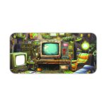 Infidu Tech Fusion Desk Pad with Cozy Vintage Room Design Featuring Old TVs, Green Sofa, and Plants Desk Pad kept on a plain white background