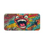 Infidu Abstract Comic Art Desk Pad with Red Monster Design Featuring Big Mouth and Teeth Desk Pad kept on a plain white background