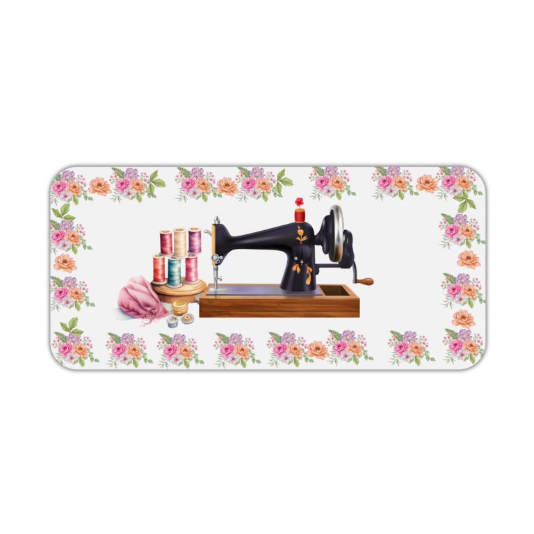 Infidu Modern Stitch Sewing Machine Desk Pad with White Background and Yellow, Pink, and White Flower Corners Desk Pad kept on a plain white background