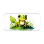 Desk pad with a green frog sitting on the grass and surrounded by leaves, set against a white background. Desk Pad kept on a plain white background