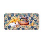 Infidu Modern Stitch Sewing Machine Desk Pad with Colorful Sewing Machine and Green Flower Background Desk Pad kept on a plain white background