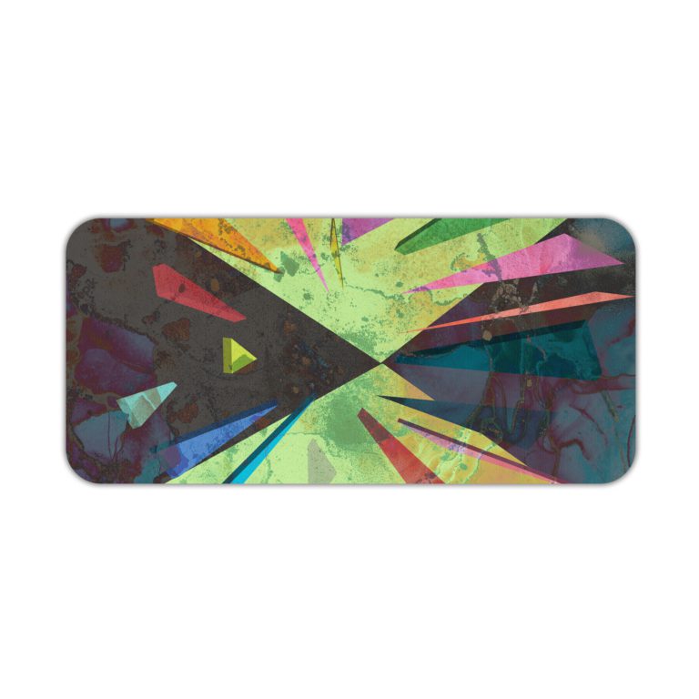 Infidu Artistic Desk Pad with angular abstract shapes in green, pink, purple, and yellow. Desk Pad kept on a plain white background