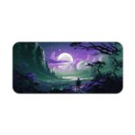 Infidu Space Desk Pad features a silhouette of a person looking at a surreal mountain view under a bright moon with floating celestial bodies. Desk Pad kept on a plain white background