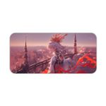 Anime queen with white hair and red accents in front of a fantasy cityscape with tall spires and a gray and white sky on a desk mat. Desk Pad kept on a plain white background