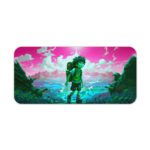 Desk mat featuring an anime boy trekking in a landscape with a pink and purple sky, turquoise sea, and green elements. Desk Pad kept on a plain white background